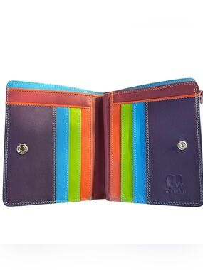Mywally Small Wallet Purple Multicolor Leather Wallet with Card Slots & Zipper